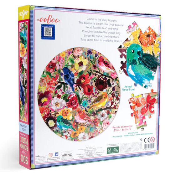 EeBoo Birds & Blossoms 500 Piece Round Puzzle NEW 2023