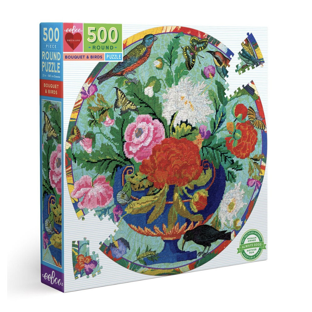 EeBoo Bouquet and Birds Round 500 Piece Puzzle