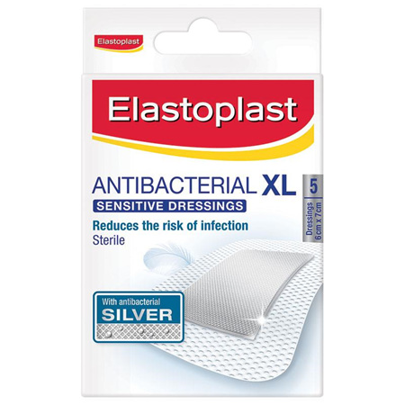 Elastoplast 02491, Antibacterial XL Sensitive Dressing 6cm x 7cm, 5 Pack