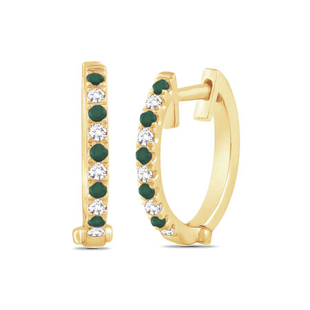 Emerald and Diamond Set Yellow Gold Huggie Earrings