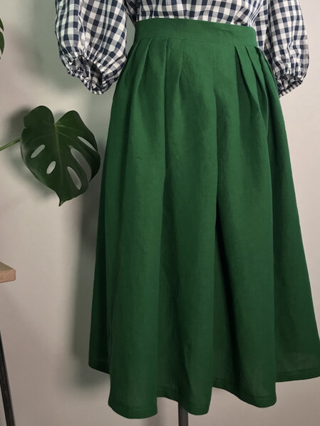 Emerald linen pleat midi skirt