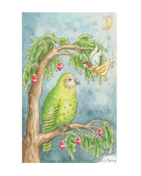Emily Kelly - Kakapo On Decorated Tree Christmas Card