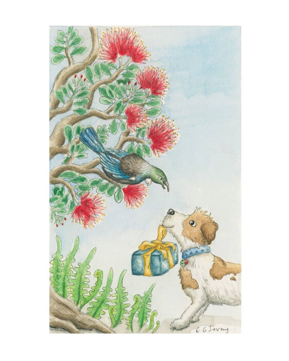 Emily Kelly: Tui In Tree & Dog With Present - Christmas Card