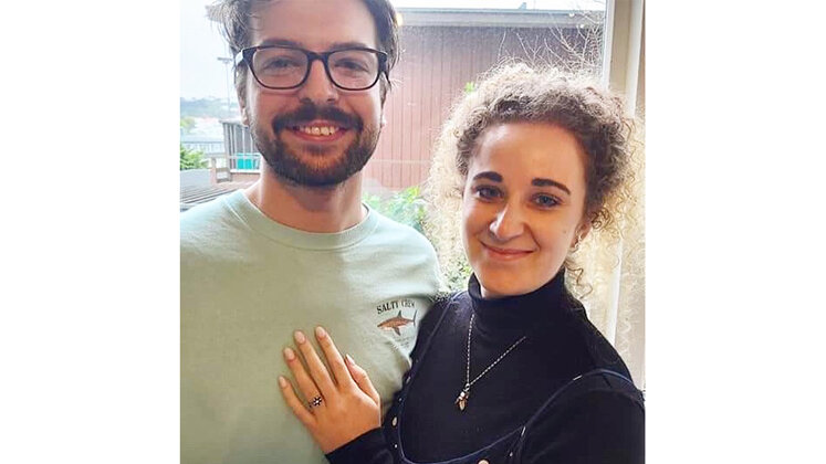 Engaged couple, family heirloom remodelled engagement diamond and sapphire ring