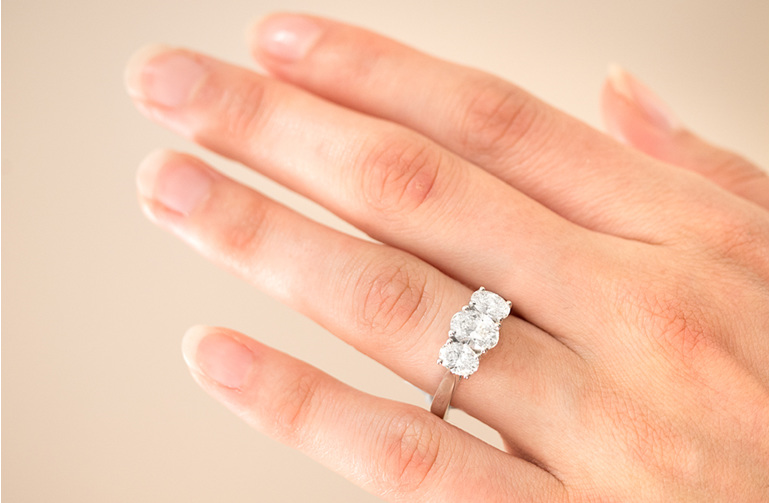 Engagement Ring - Three Stone Oval Diamond Platinum Ring
