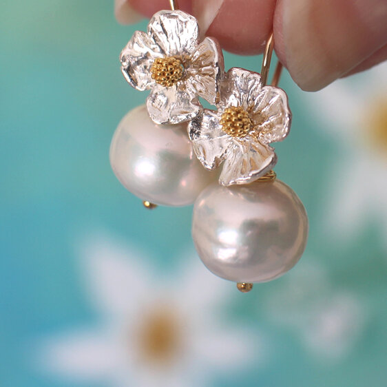 Evelyn flower pearl earrings vermeil edison gold wedding lilygriffin nz jewelry
