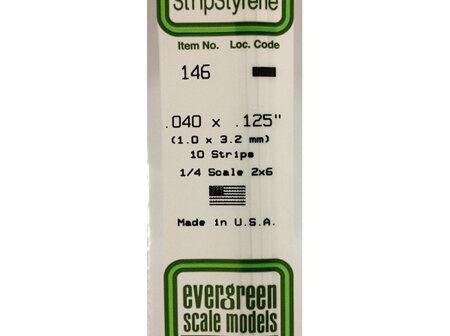 Evergreen 146 Strip Styrene - 1.0 x 3.2mm Strips