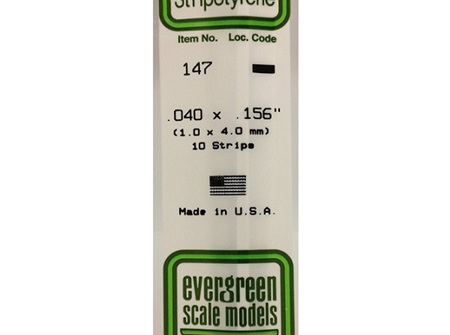 Evergreen 147 Strip Styrene - 1.0 x 4.0mm Strips
