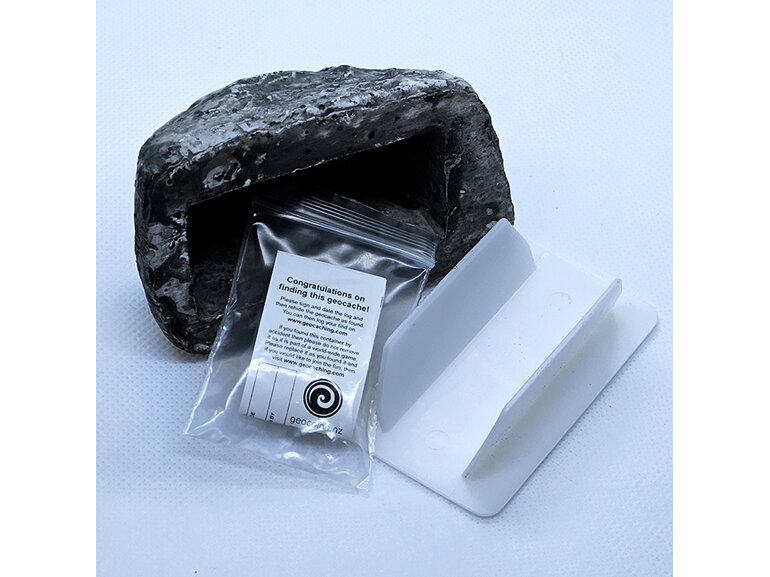 fake rock keyholder geocache with waterproof log sheet