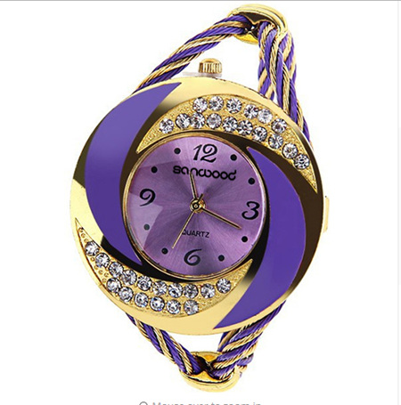 Fashion Womens Round Crystal Decorated Bracelet Watch - Purple & Gold