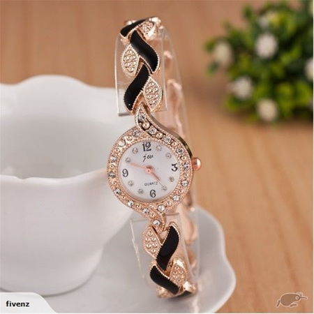 Fashion Womens Weave Crystal Decorated Bracelet Watch - Black & Gold