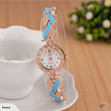 Fashion Womens Weave Crystal Decorated Bracelet Watch - Blue & Gold