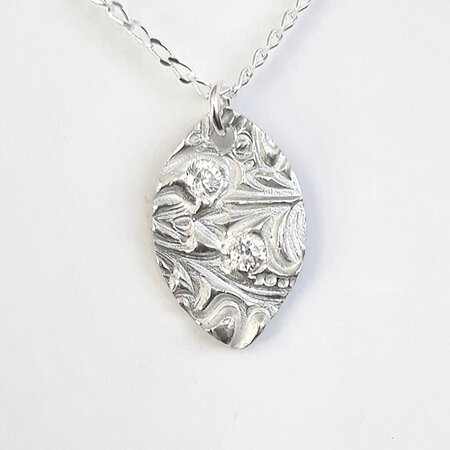 Fine Silver Navette Pendant with CZ's (2)