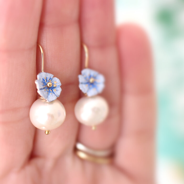 Fleur blue pearl flower earrings edison cream gold lily griffin nz jewellery