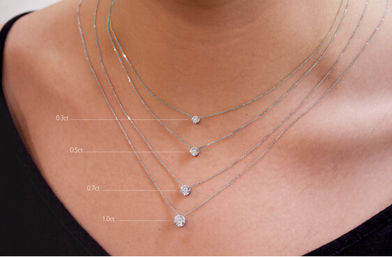 Floeting Diamond pendant size comparison chart on model