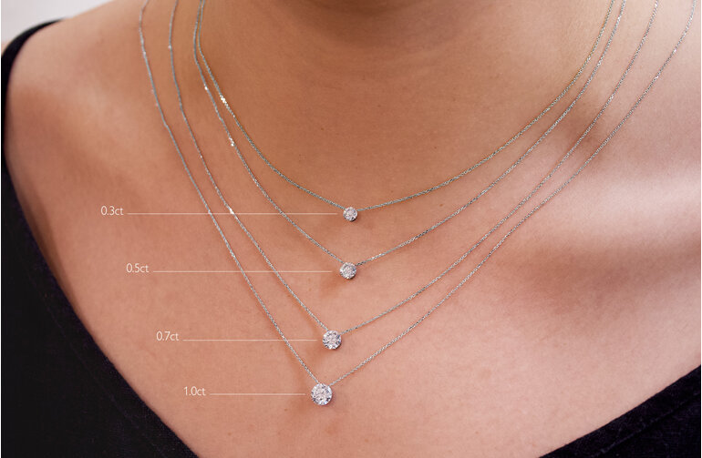 Floeting Diamond pendant size comparison chart on model