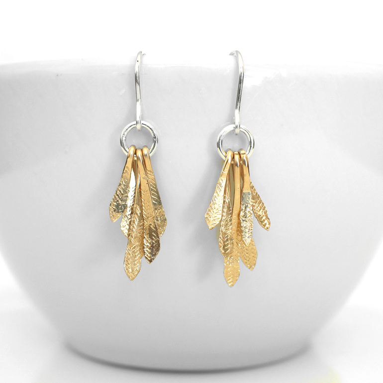 flutter gold silver hammered texture feather leaf wings lightweight earrings