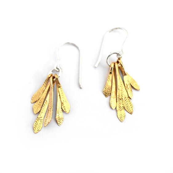 flutter gold sterling silver feather leaves drop earrings summer light