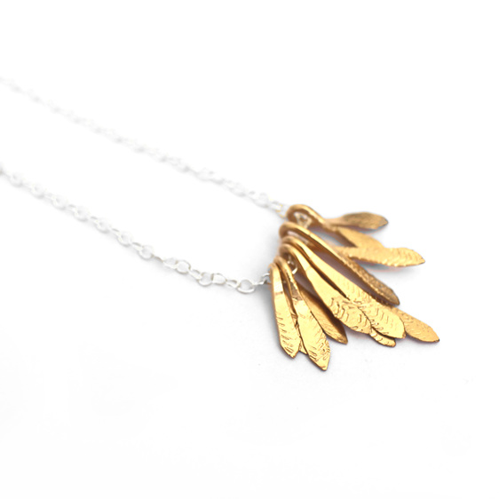 flutter gold sterling silver feathers leaves necklace ruffles summer light