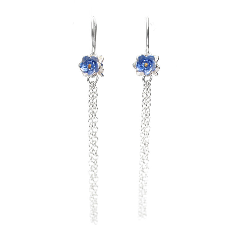 forget me not blue flowers sterling silver tassel dangle long earrings