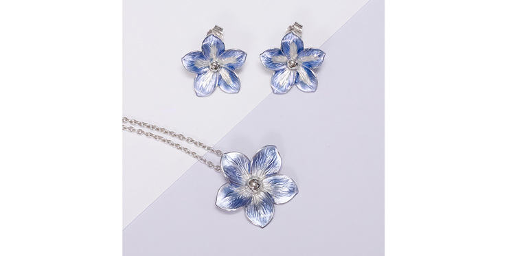 Forget me not earrings and matching pendant in purple