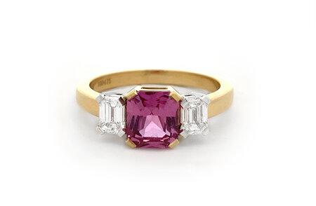 Fuchsia: Pink Sapphire and Diamond Three Stone Ring