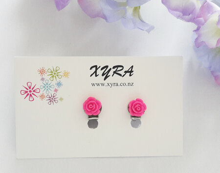 Fuschia Mini Rose Clip-on Earrings