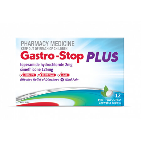 Gastro-Stop Plus Diarrhoea + Wind Pain Chewable Tablets, 12 Pack