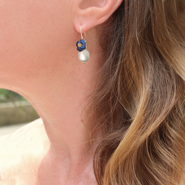 gemma blue gold flowers pearls earrings lily griffin nz jewellery handmade