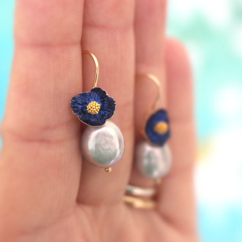gemma lapis navy blue gold flowers pearls earrings lilygriffin nz handmade