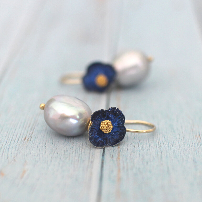 gemma lapis navy blue gold flowers pearls earrings lily griffin nz jewellery