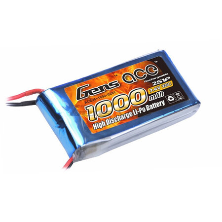 Gens Ace 2 Cell 7.4v 1000 mAh LiPo Battery with JST Connector