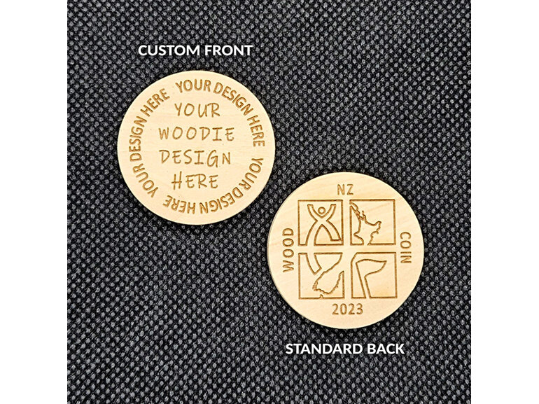 geocaching wooden geocoin, new zealand woodie, custom front, standard back