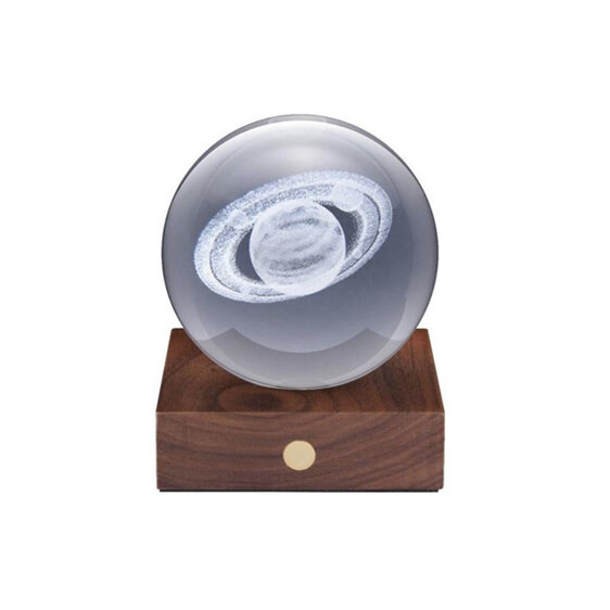 Gingko Amber Crystal Light 3D Laser Engraved Saturn Walnut