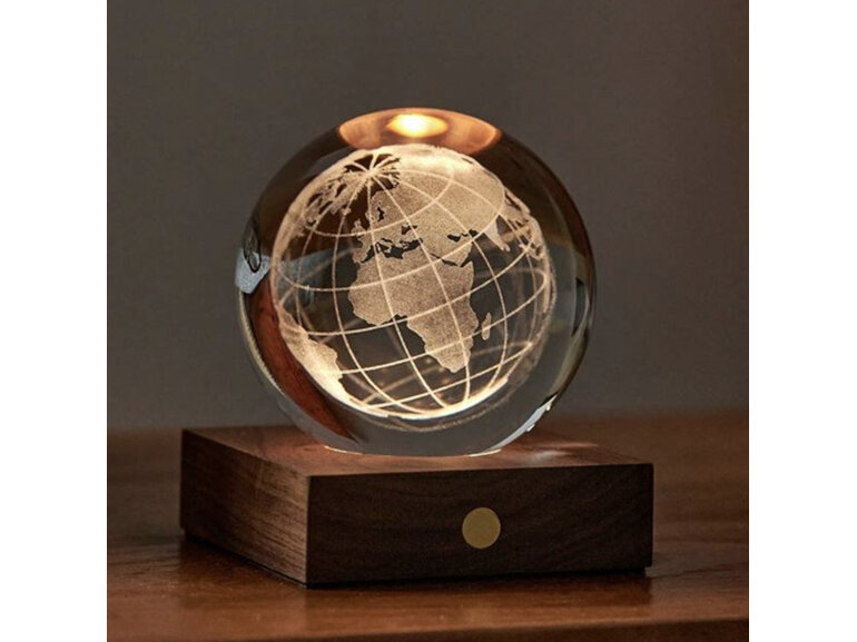Gingko Amber Crystal Light 3D Laser Engraved World Globe Walnut
