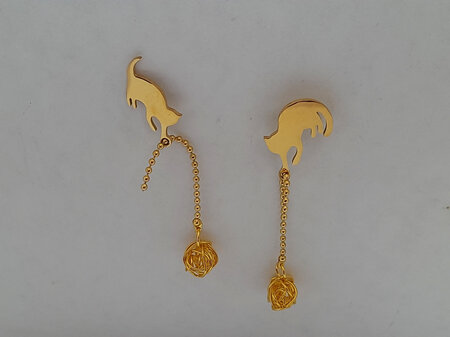 Gold Cat With Ball Of Yarn Stud Earrings