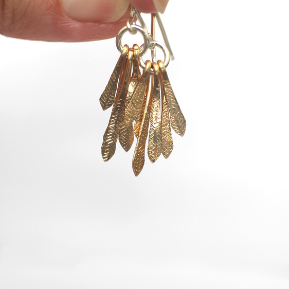 gold feather leaf sterling silver dangle summer hammered earrings sun rays