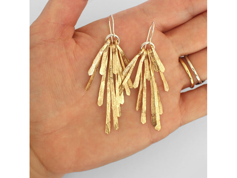 gold feather leaf sterling silver statement summer hammered earrings sun rays