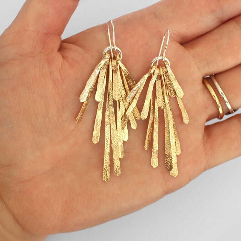 gold feather leaf sterling silver statement summer hammered earrings sun rays