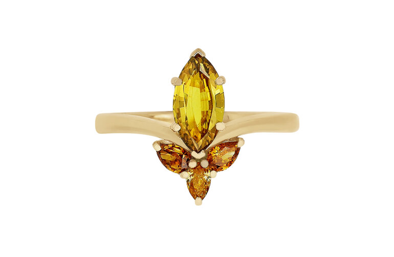 Golden marquise sapphire and orange pear cut diamond dress ring 18ct yellow gold