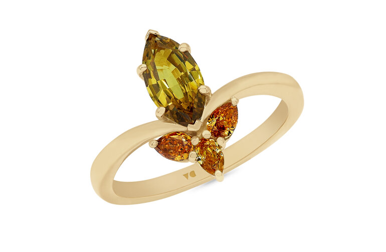 Golden marquise sapphire and orange pear cut diamond dress ring 18ct yellow gold