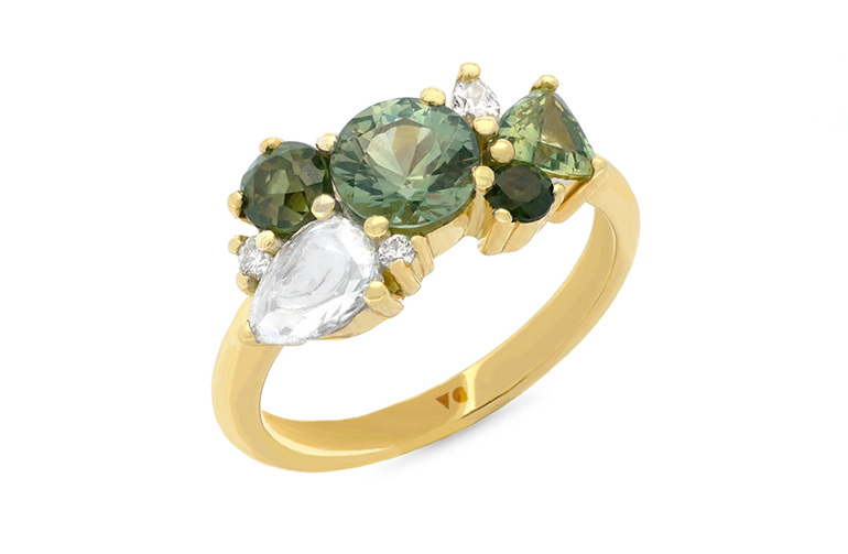 Green asymmetrical cluster gemstone and diamond ring in 18ct yellow gold