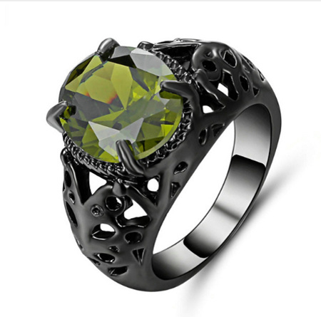 Green Gemstone With Gunmetal Band Ring - US8