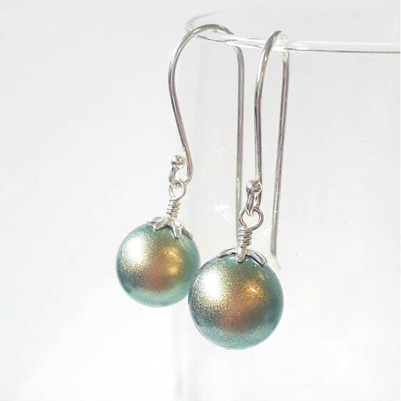 green gold Swarovski pearl earrings with sterling silver hooks