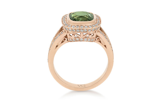 Green Sapphire Diamond Ring, Rose Gold Ring, Cluster Ring, Ladies Ring
