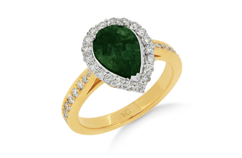 Green Sapphire Diamond Ring, Yellow Gold Ring, Cluster Ring, Ladies Ring