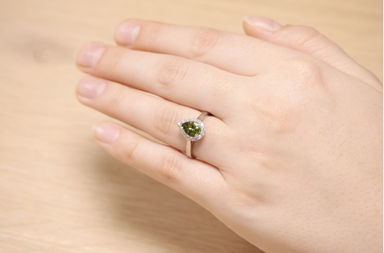Green Tourmaline Diamond Halo Ring On Hand