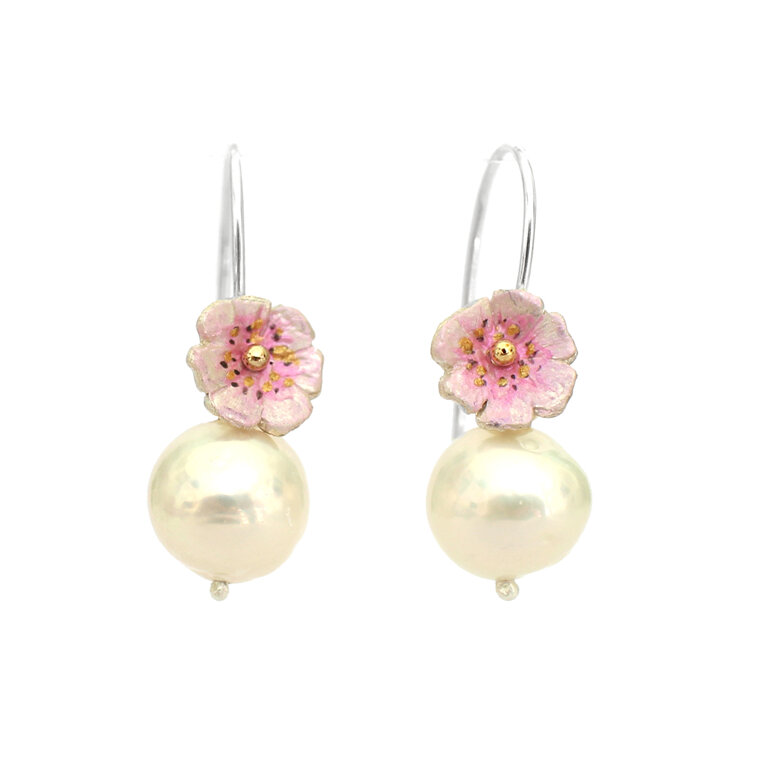 Hana cherry blossom pink flowers cream pearls earrings lily griffin nz jewellery