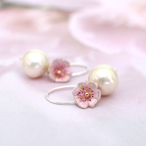 Hana cherry blossom pink flowers cream pearls earrings lilygriffin nz jeweller