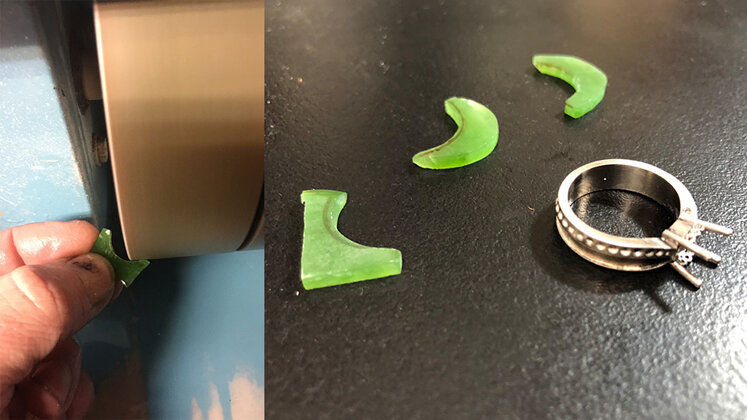 Handcarving pounamu jade greenstone to inlay in the new engagement ring design